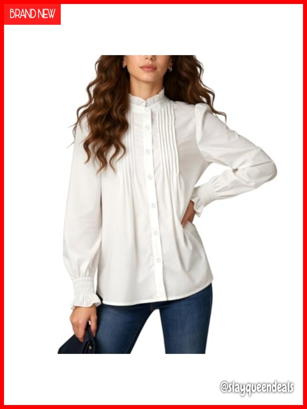 Victorian Ruffle Stand Collar Puff Sleeve Button Down Blouse Smocked Cuff Work